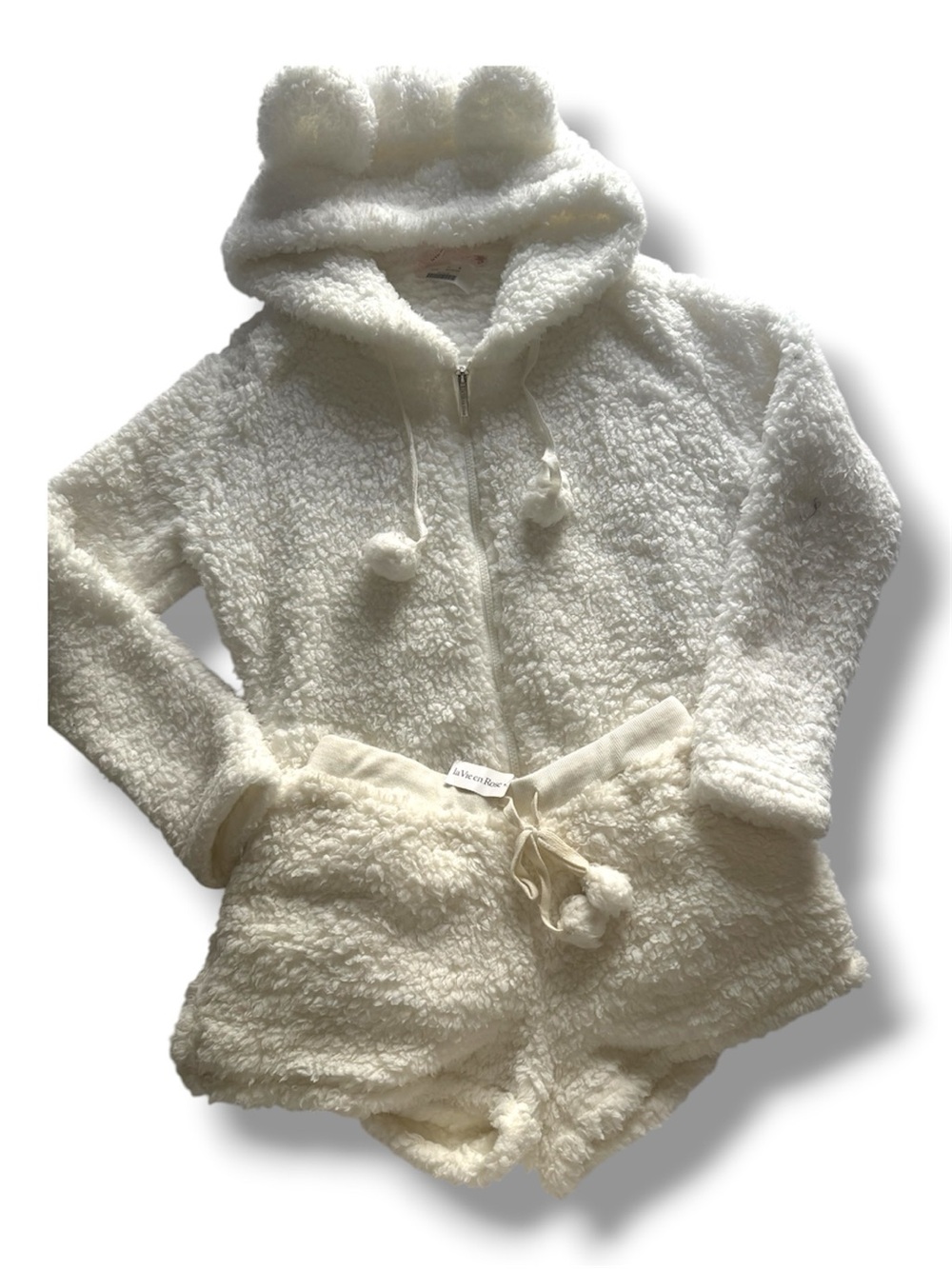 La Vie En Rose Cream Plush Sherpa Hoodie Shorts Set White Small Loungewear NEW
